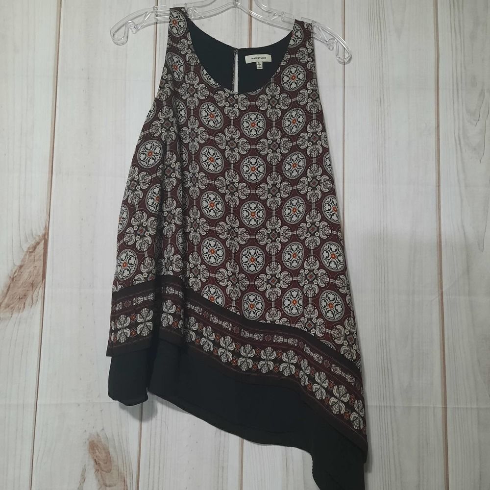 Max Studio Womens Medallion Print Asymmetrical Chiffon Blouse‎ Burgundy Black M